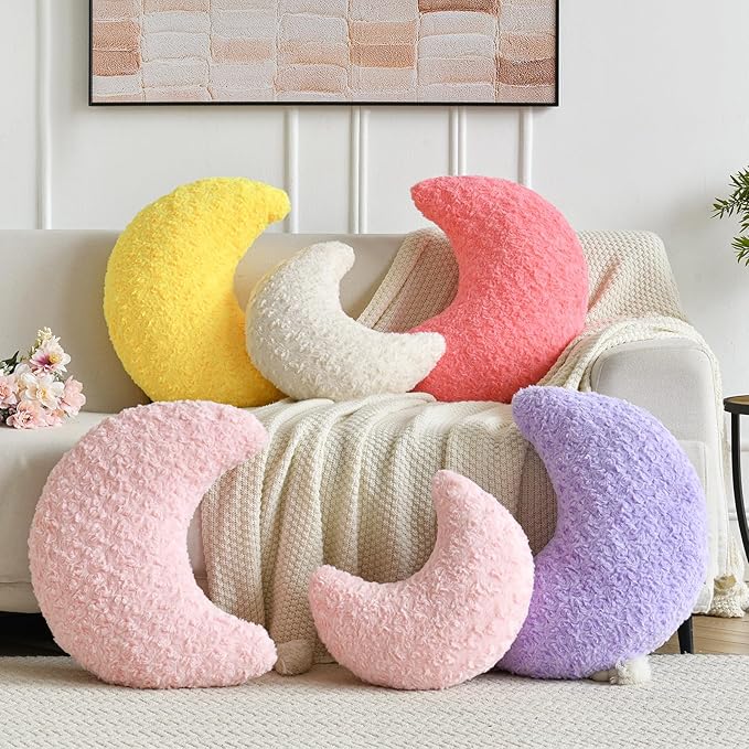 Moon Pillow, Moon Shaped Pillow with Soft Faux Fur for Couch Bed Sofa, Cute Half Moon Pillows with Room Decor for Bedroom Living Room (14.9 Inches, Rose Pink)