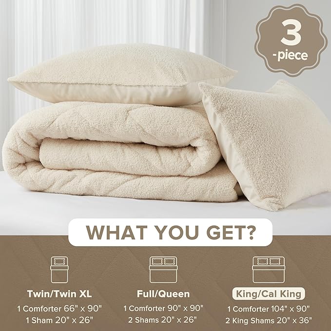 Comfort Spaces King Comforter Set Reversible Feather-Soft Plush Comforters for King Size Bed All Season Lightweight Shearling Fleece Sherpa Comforter King Size Bed Set, King/Cal King, Ivory 3 Piece