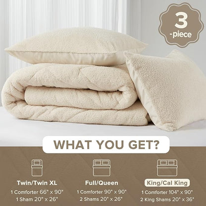 Comfort Spaces King Comforter Set Reversible Feather-Soft Plush Comforters for King Size Bed All Season Lightweight Shearling Fleece Sherpa Comforter King Size Bed Set, King/Cal King, Ivory 3 Piece