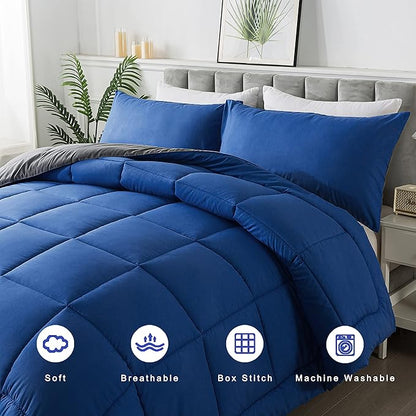 DOWNCOOL King Size Comforter Set -All Season Bedding Comforters Sets with 2 Pillow Cases -3 Pieces Bed Set Down Alternative King Bedding Set -Blue/Grey King Comforter Set(102"x90")