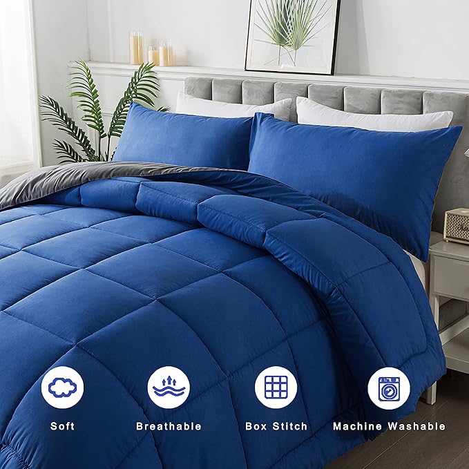 DOWNCOOL Queen Comforter Set -All Season Bedding Comforters Sets with 2 Pillow Cases-3 Pieces Bedding Sets Queen -Down Alternative Blue/Grey Queen Size Comforter Sets(88"x92")