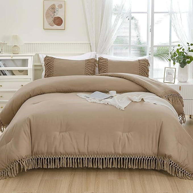 Andency Taupe Full Size Comforter Set, 3 Pieces Boho Tassel Lightweight Soft Bedding Comforter Sets, All Season Fluffy Fringe Bed Set (79x90In Comforter & 2 Pillowcases)