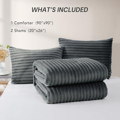 Geniospin Fleece Queen Comforter Set, Soft Fuzzy Queen Bedding Sets, 3-Pieces Grayish Blue Comforter Set for All Season, Warm Fluffy Comforter with 2 Pillow Cases