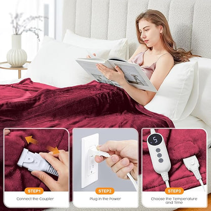 HYLEORY Heated Electric Blanket Throw, 2-Layer Cozy Warm Flannel 50" x 60", Heating Blanket with 9 Heating Levels, 2/4/6/10 Hours Auto Off, Fast Heating Winter Blanket, Red