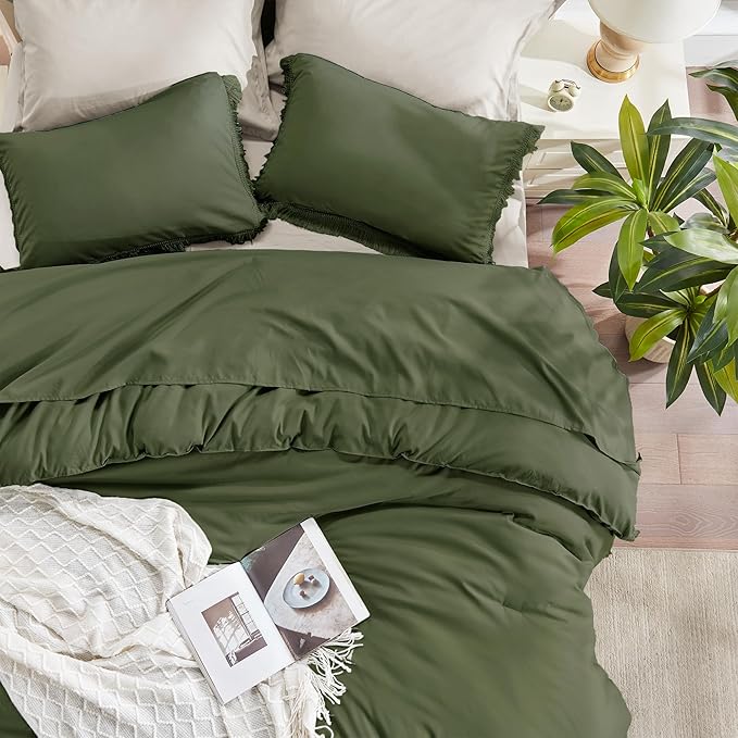 Andency Olive Green Comforter Set King, 3 Pieces Boho Tassel Lightweight Bedding Comforter Sets for King Bed, All Season Soft Fluffy Fringe Bed Set (104x90In Comforter & 2 Pillowcases)