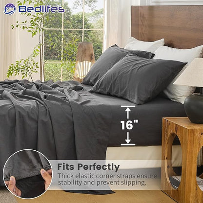Bedlifes 100% French Pure Linen Sheets King Size Breathable and Cooling Flax Sheet Set Soft Durable and Moisture Wicking 16 Inch Deep Pocket-4 Piece(King,Dark Grey)