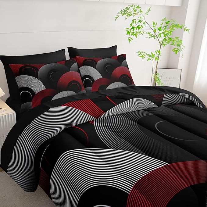 7 Piece Black and Red Queen Comforter Set Geometric Pattern，Geometric Bedding Set Boys，Geometric Bedroom Decor，(1 Comforter, 1 Flat Sheet, 1 Fitted Sheet, 2 Pillowcase and 2 Pillow Sham)