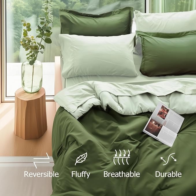 Twin XL Comforter Set 5 Pieces, Dark Green, Reversible Sage Green Bedding Set, Soft Bed in a Bag Twin XL with Comforter, Sheets, Pillowcase & Sham, All Seasons Boho Bed Set