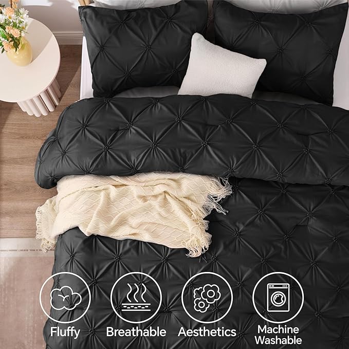 BEDELITE Black Twin Comforter Set - 2 Peices Boho Pintuck Bedding Comforter Sets, Lightweight Soft & Warm Twin Bedding Sets with 1 Pillowcase for All Season