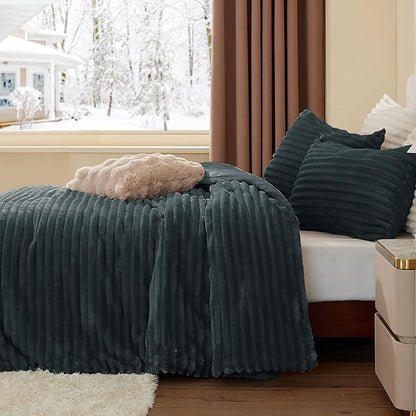 BEDELITE Fleece Queen Comforter Set -Super Soft & Warm Fluffy Dark Grey Bedding, Luxury Fuzzy Heavy Bed Set for Winter with 2 Pillow Cases