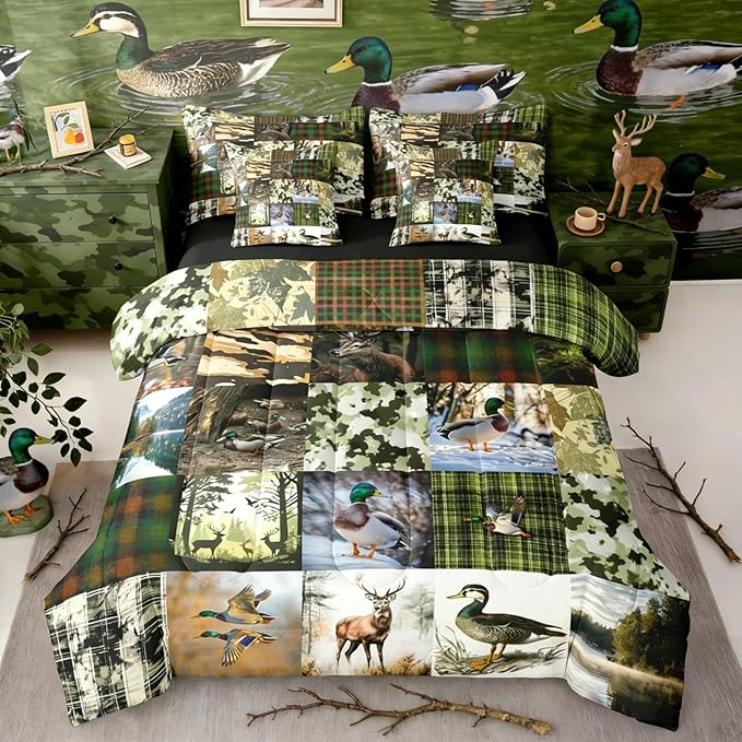 Erosebridal Cabin Rustic Bed in a Bag Queen Comforter Set 7-Piece | Deer Mallard Duck Bedding Sets Mens Camo Hunting Comforter and Sheet Set, Woodland Animals Farmhouse Room Decor,Country Decor