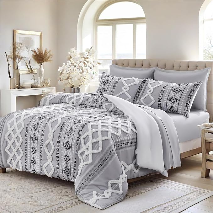 MOVE OVER Boho Tufted Comforter Set King Size 5 Pieces Farmhouse Bedding Set 100% Soft Microfiber Boho Aztec Bedroom Comforter Set Modern Style Ethnic Gray Tufted Bed Set for All Seasons