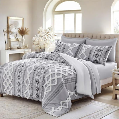 MOVE OVER Boho Tufted Comforter Set King Size 5 Pieces Farmhouse Bedding Set 100% Soft Microfiber Boho Aztec Bedroom Comforter Set Modern Style Ethnic Gray Tufted Bed Set for All Seasons