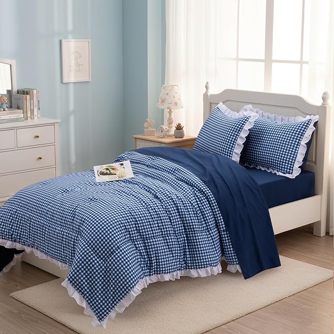 A Nice Night Comforter 5Pcs Full Size,Navy Ruffle Comforter for Dorm Room Essentials for Twin Bed,Plaid Checkered Chic Bedding Bed in a Bag for Girls