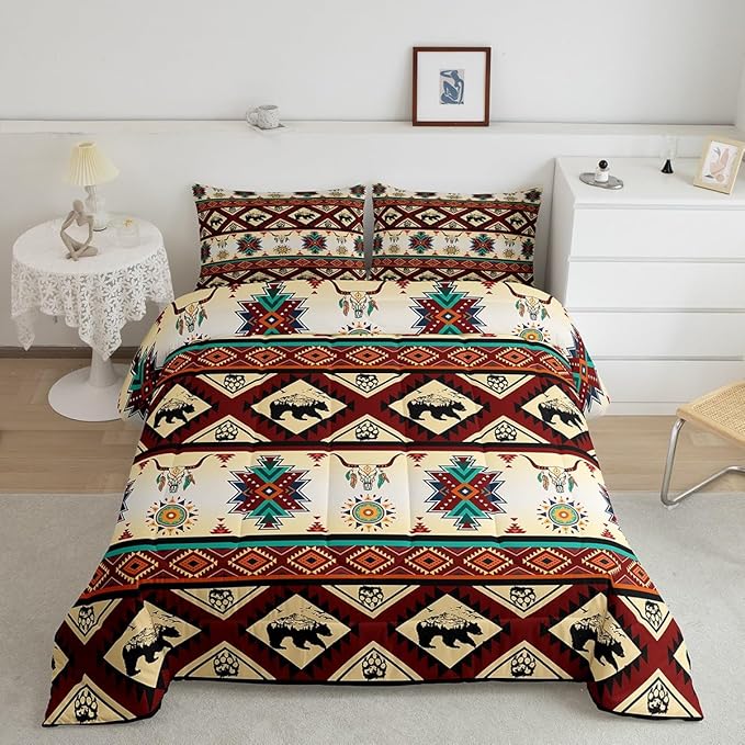Erosebridal Black Bear Bedding Sets Exotic Bull Skull Western Comforter Set Twin,Ethnic Tribe Arrow Aztec Quilt Indian Tribal Geometric Diamond Triangle Duvet Insert,Bohemian Western Decor,Red