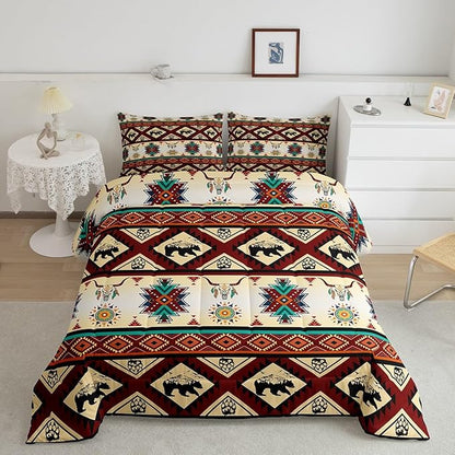 Erosebridal Black Bear Bedding Sets Exotic Bull Skull Western Comforter Set Queen,Ethnic Tribe Arrow Aztec Quilt Indian Tribal Geometric Diamond Triangle Duvet Insert,Bohemian Western Decor,Red