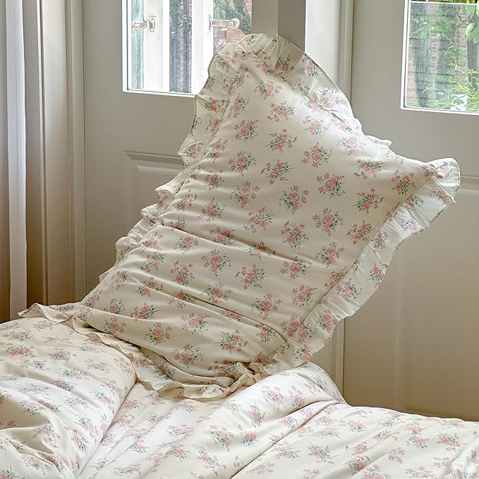 mixinni 3-Piece Pink Floral Ruffle Comforter Set King - Cottagecore Botanical Duvet Cover with Lace Trim & 2 Pillow Shams, Soft Cotton Boho Bedding for Teen Girls, Aesthetic Coquette Bed Set