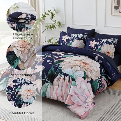Drucon Navy Blue Comforter Set Queen Size - 7 Pieces Floral Bedding Sets, Soft Botanical Flowers Comforter Bed in a Bag with Sheets, Pillowcases & Shams