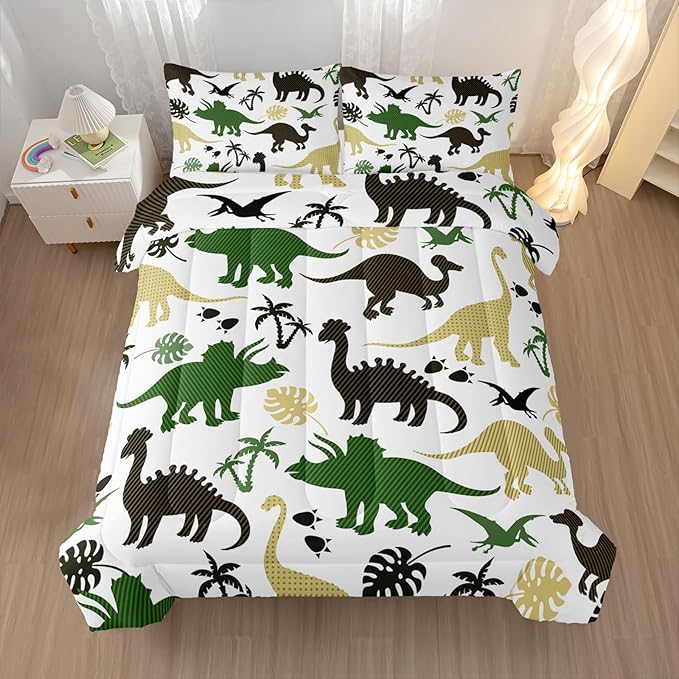Cartoon Dinosaur Comforter Set Twin Size 3 PCS,Green Dinosaur Printed Quilt Set for Bedroom Soft Microfiber All Season Print Quilt Set with 1 Comforter and 2 Pillow Case