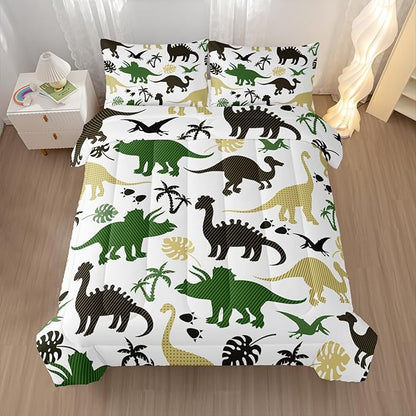 Cartoon Dinosaur Comforter Set Full Size 3 PCS,Green Dinosaur Printed Quilt Set for Bedroom Soft Microfiber All Season Print Quilt Set with 1 Comforter and 2 Pillow Case