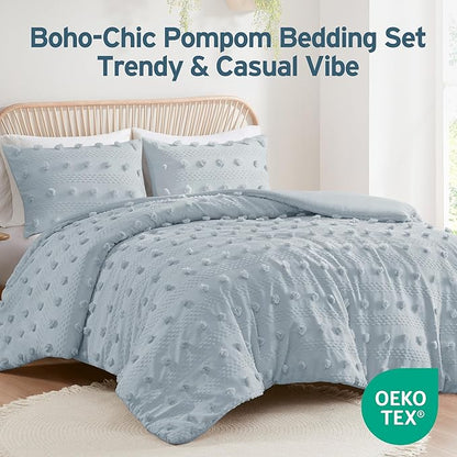 Intelligent Design Twin Duvet Cover Set, Clipped Jacquard Duvet Set Chic Pompom Accent, All Seasons Lightweight Microfiber Bed Cover for Comforter with 1 Sham, Lucy, Twin/Twin XL, Blue 2 Piece