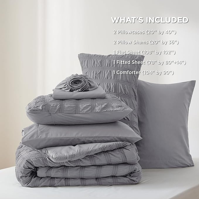 Bedsure Bed in a Bag King - 7 Pieces Plaid Seersucker Bedding Comforter Sets, Soft Lightweight Grey Boho Bed Set with Comforters King Size, Sheets, Pillowcases & Shams