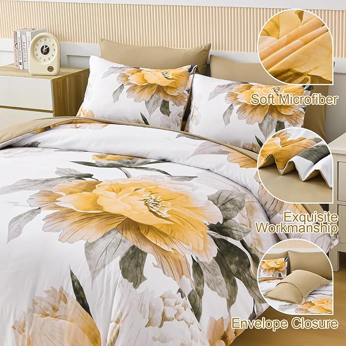 Dobuyly Yellow King Size Comforter Set 7 Piece Bed in a Bag, Yellow Floral Comforter Set with Sheets, Soft Microfiber Botanical Complete Bedding Set for All Season