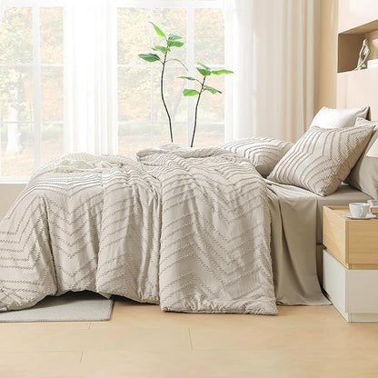 Litanika Oversized King Size Comforter Set with Sheets Oatmeal - 7 Pieces Bed in a Bag Oversized King Boho Tufted Complete Bedding Sets with Comforter, Sheets, Pillowcases & Shams
