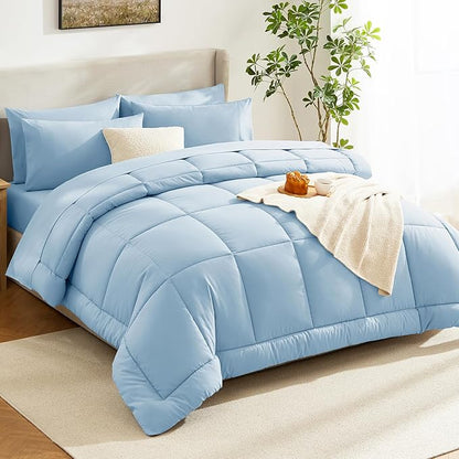 CozyLux Queen Size Comforter Sets Baby Blue, 7 Pieces Bed in a Bag, Blue Comforter Queen Size, All Season Bedding Sets with Stitch Quilted Comforter, Flat Sheet, Fitted Sheet, Pillowcases