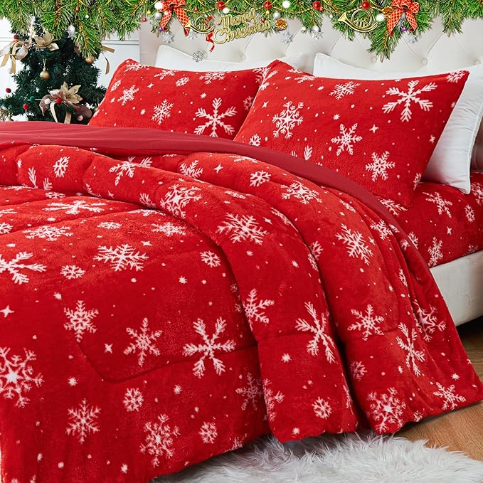 YIYEA Christmas Faux Fur Comforter Set Queen Size with Fitted Sheet, Luxury Ultra Soft Fuzzy Comforter, Fluffy Plush Velvet Bedding Comforter Sets for Fall Winter, Cozy Warmth, No Shedding, 4PC