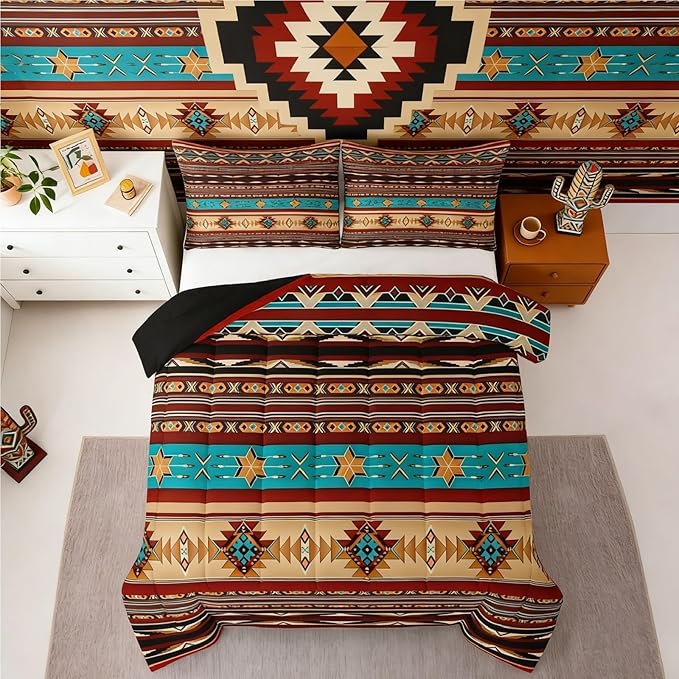 Aztec Quilt Ethnic Tribal Arrow Comforter Set,Vintage Southwestern Native Bohemian Bedding Set Twin,Western Star Duvet Insert Exotic Geometric Diamond Stripes Room Decor,Burnt Sienna Brown