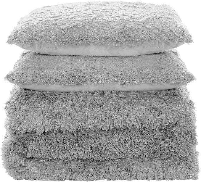 Twin Size Luxury Faux Fur Comforter Set - Soft & Breathable 5-Piece Bedding Collection - 1 Comforter, 1 Fitted Sheet, 1 Flat, 1 Pillowcase, 1 Pillow Sham - Deep Pocket - Premium Quality, Silver