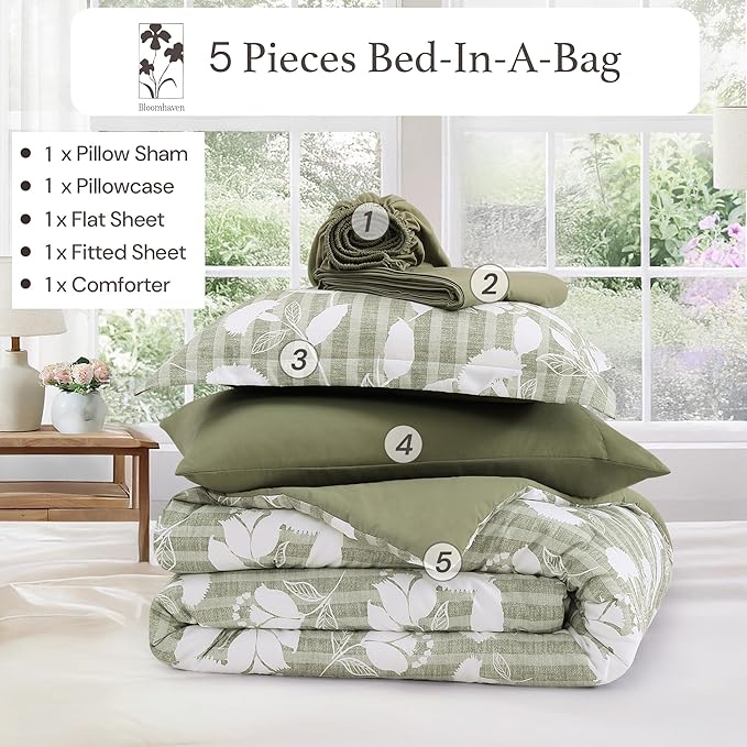 Twin XL Comforter Set -5 Pieces Floral Sage Green Bedding Set for All Seasons, Bed in a Bag with Botanical Flowers Comforter, Sheets, Pillowcase & Sham