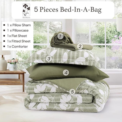Twin XL Comforter Set -5 Pieces Floral Sage Green Bedding Set for All Seasons, Bed in a Bag with Botanical Flowers Comforter, Sheets, Pillowcase & Sham