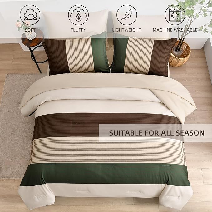 Anibedding Striped Comforter Set Full Size, Boho Brown Green Striped Bedding Comforter Set 7 Piece Bed in a Bag, Soft Microfiber Down Alternative Farmhouse Bedding Set for All Season(78''x90'')