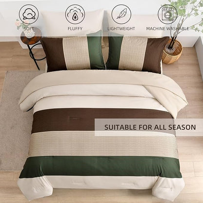 Anibedding Striped Comforter Set Full Size, Boho Brown Green Striped Bedding Comforter Set 7 Piece Bed in a Bag, Soft Microfiber Down Alternative Farmhouse Bedding Set for All Season(78''x90'')