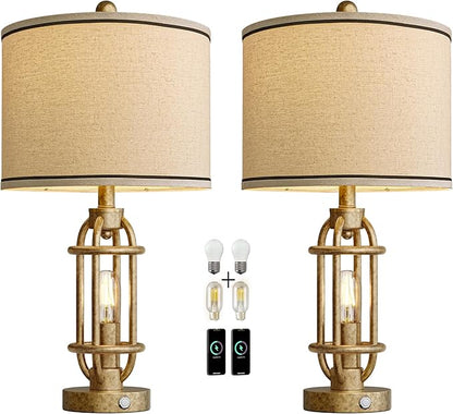 23.75'' Table Lamps Set of 2 for Living Room Bedroom Industrial Farmhouse Metal Touch Lamps with USB A+C Ports, Night Light Vintage Nightstand Bedside Lamp, Bulbs Included, Champagne Gold