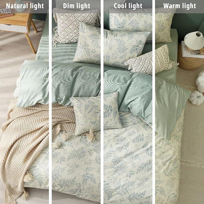 Botanical Cotton Comforter Queen Size - Dusty Green Comforter Printed with Luxrious Greyish-Green Ferns on Beige,Reversible Lightweight Bedding Sets 3Pcs(90"×90")