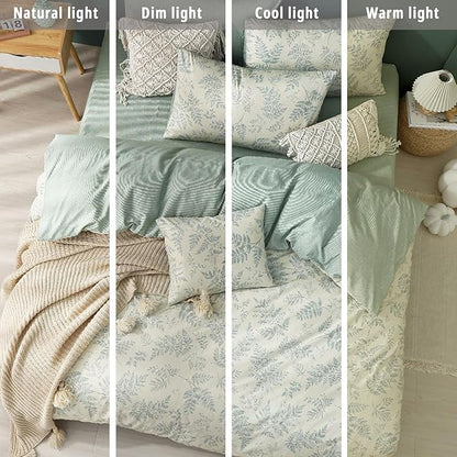 Botanical Cotton Comforter Queen Size - Dusty Green Comforter Printed with Luxrious Greyish-Green Ferns on Beige,Reversible Lightweight Bedding Sets 3Pcs(90"×90")