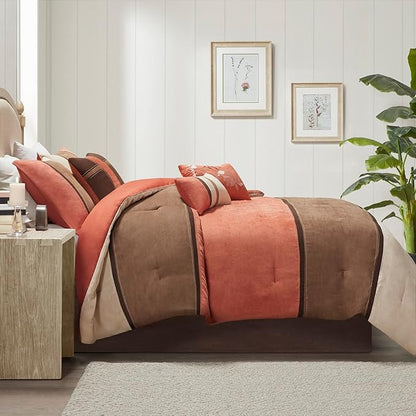 Madison Park Palisades Comforter Set Modern Faux Suede Pieced Stripe Design, All Season Down Alternative Cozy Bedding with Matching Shams, Decorative Pillows, Queen(90"x90"), Coral 7 Piece