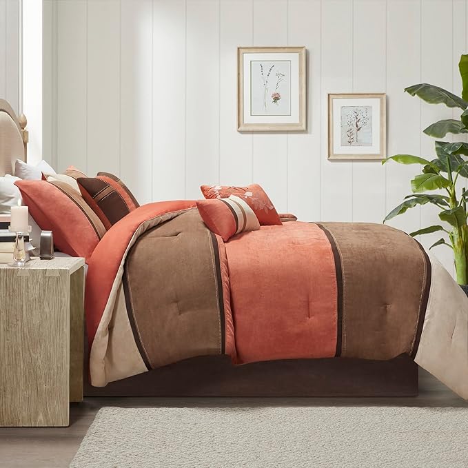 Madison Park Palisades Comforter Set Modern Faux Suede Pieced Stripe Design, All Season Down Alternative Cozy Bedding with Matching Shams, Decorative Pillows, King(104"x92"), Coral 7 Piece
