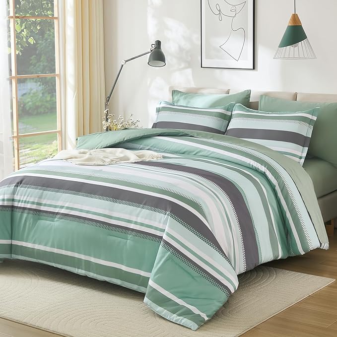 WONGS BEDDING Green Comforter Queen Size Set, 7 Pieces Bed in a Bag Green and Grey Comforter Set, Soft Boho Striped Bedding Sets with Sheets, Pillowcases & Shams