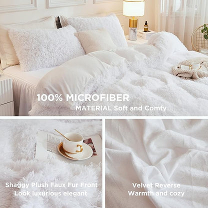 Andency Faux Fur White Comforter King Size, 3 Pieces Fluffy Fuzzy Plush Bedding Comforter Set (1 Shaggy Velvet Comforter & 2 Pillowcases), Soft Puffy Comfy Down Alternative Comforter Bedding Set
