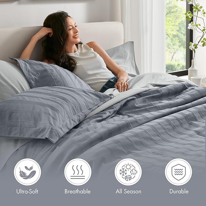 Madison Park Essentials Striped Comforter Set Queen, 7 Pieces Modern Minimalist Jacquard Bedding Set for All Season, Bed in A Bag with Sheet Set and Soft Brushed Reverse, Lightweight Blue/Grey