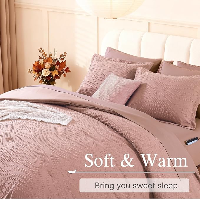Geniospin Twin Comforter Set - 5 Pieces Dusty Pink Bedding Set, Botanical Textured Comforter Bed Set, All Season Lightweight Bed in a Bag with Comforter, Sheets, Pillowcases & Shams