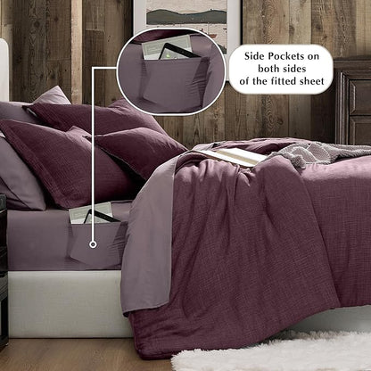 Geniospin Purple Queen Comforter Set - 7 Pieces Egglant Comforter Queen Size, Solid Bedding Set for All Season, Textured Bed in a Bag with Sheets