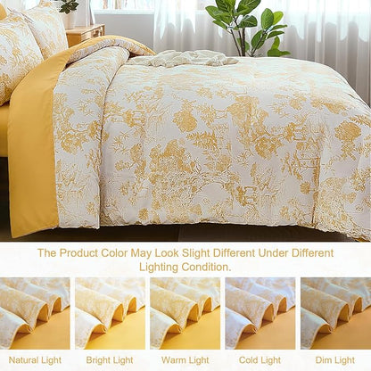 DJY Queen Size Comforter Sets, Yellow Botanical Comforters with Sheets 7 Pieces Bed in a Bag Queen Elegant Plants Print Soft Microfiber Reversible Complete Bedding Sets for All Season