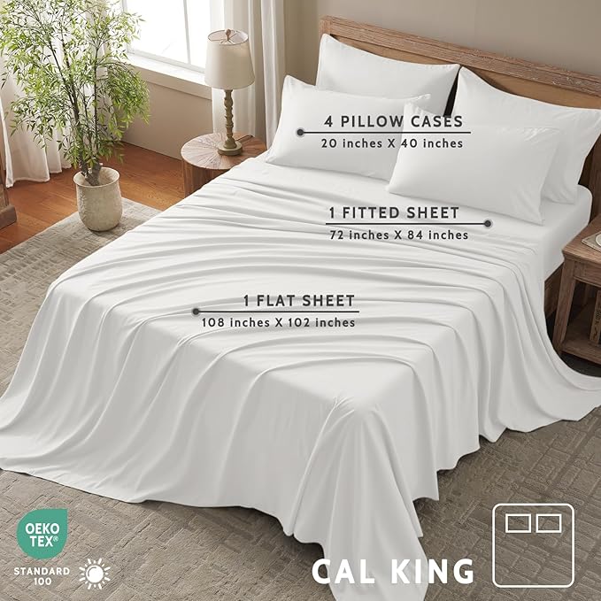 Cal King Size Sheets Set - 6 Piece Luxuriously Soft & Cooling Sheets Cal King Size - Ultra Soft 16" Deep Pocket Cal King Sheet Set - Fitted Sheet & Pillowcase Sets (Cal King White)
