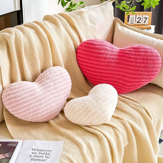 Dusty Pink Heart Pillows, 12.9" Cute Heart Decorative Pillow, Stripe Heart Shaped Plush Throw Pillows for Bed