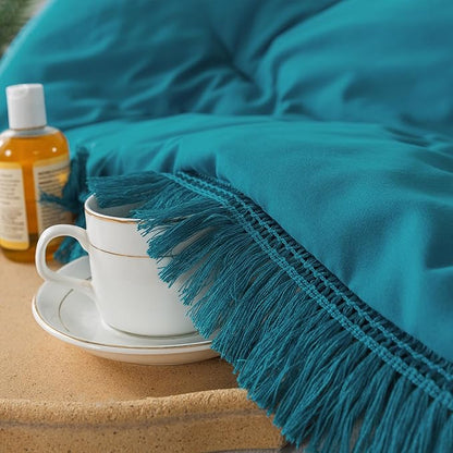 Andency Turquoise Comforter Set King, 3 Pieces Boho Teal Tassel Lightweight Bedding Comforter Sets for King Bed, All Season Bed Set (104x90In Comforter & 2 Pillowcases)